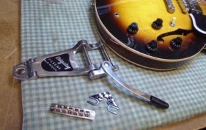 Bigsby Tremolo, Roller Bridge and String Butler ready to be fitted to a Gibson ES335